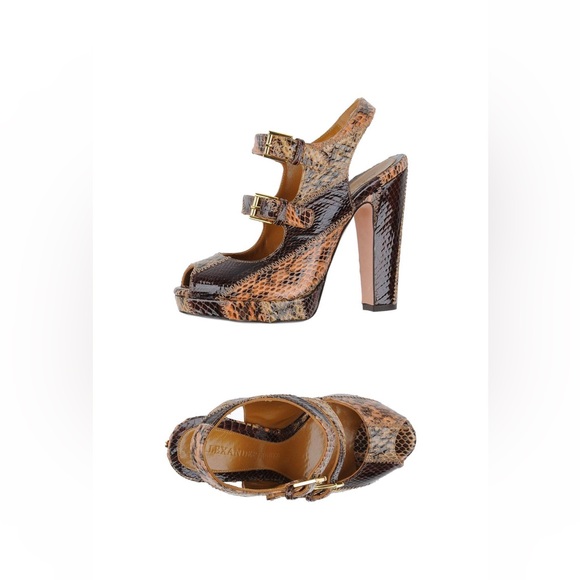 Alexander McQueen Shoes - Alexander McQueen Tan and Black Snakeskin Double-Buckle Platform Heels